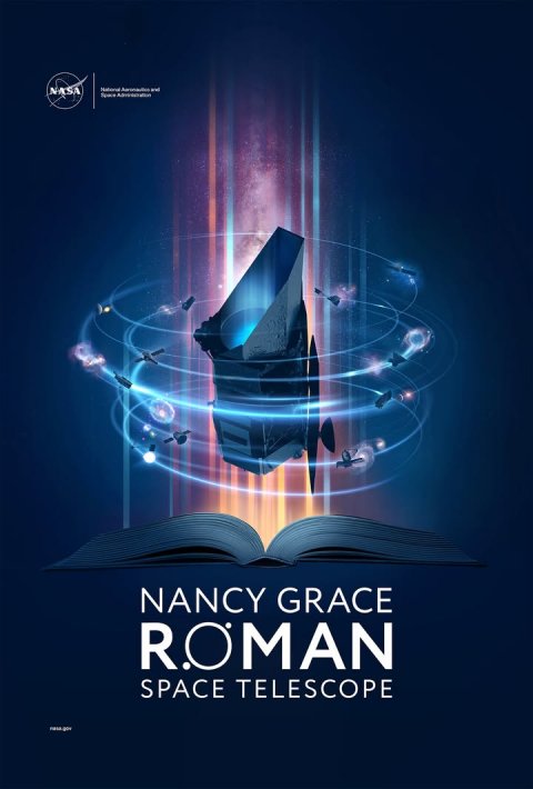 Advertisement, Book, Poster. Text: NASA NANCY GRACE RÖMAN SPACE TELESCOPE -