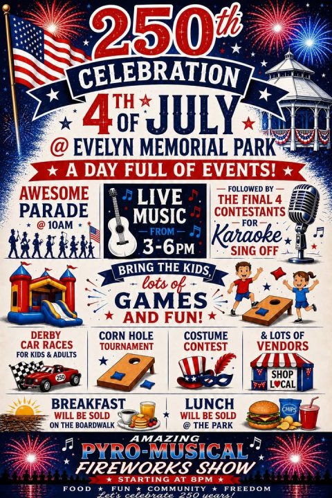 Advertisement, Poster, Burger. Text: 250th CELEBRATION 4 TH OF JULY @ EVELYN MEMORIAL PARK A DAY FULL OF EVENTS! AWESOME FOLLOWED BY - LIVE THE FINAL 4 PARADE CONTESTANTS MUSIC FOR @ 10AM FROM Karaoke 3-6PM SING OFF lots of GAMES AND FUN! DERBY CORN HOLE COSTUME &amp; LOTS OF CAR RACES TOURNAMENT VENDORS CONTEST FOR KIDS &amp; ADULTS SHOP 250 L CAL BREAKFAST LUNCH CHIPS WILL BE SOLD WILL BE SOLD ON THE BOARDWALK @ THE PARK PYRO-MUSICAL FIREWORKS SHOW STARTING AT 8PM FOOD FUN COMMUNITY FREEDOM Let's celebrate years! 250