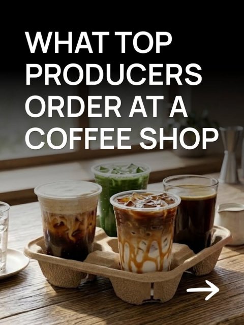 Cup, Beverage, Plate. Text: WHAT TOP PRODUCERS ORDER AT A COFFEE SHOP