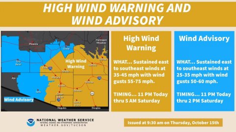 Plot, Map, Electronics. Text: HIGH WIND WARNING AND WIND ADVISORY High Wind Wind Advisory Warning High Wind WHAT... Sustained east WHAT... Sustained east Warning to southeast winds at to southeast winds at 35-45 mph with wind 25-35 mph with wind gusts 55-75 mph. gusts 50-60 mph. TIMING... 11 PM Today TIMING... 11 PM Today Wind Advisory thru 5 AM Saturday thru 2 PM Saturday NATIONAL WEATHER SERVICE Issued at 9:30 am on Thursday, October 15th
