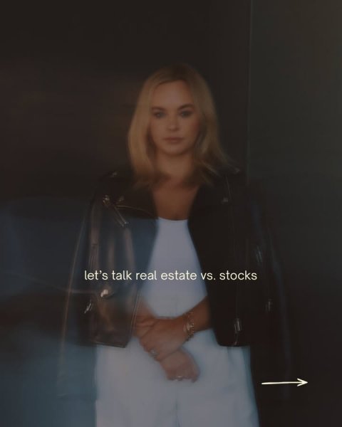 Coat, Jacket, Person. Text: let's talk real estate vs. stocks