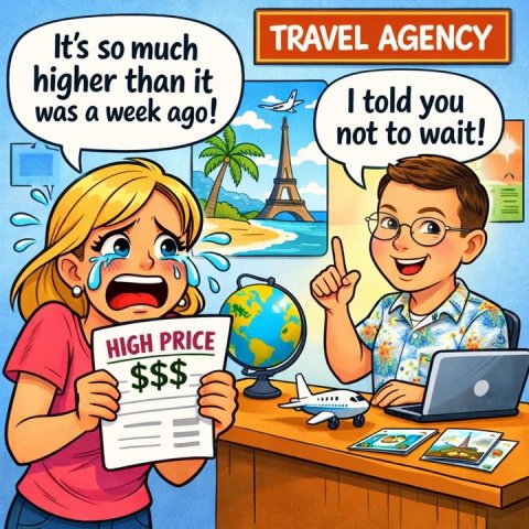 Book, Publication, Comics. Text: TRAVEL AGENCY It's so much higher than it I told you was a week ago! not to wait! HIGH PRICE $$$