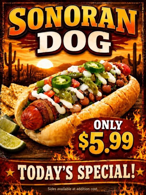 Food, Hot Dog. Text: SONORAN DOG ONLY $5.99 TODAY'S SPECIAL! Sides available at addition cost.