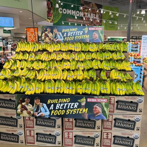 Banana, Person, Woman. Text: COMMON TABLE SERVED FRESH DAILY BUILDING A BETTER with FOOD SYSTEM H EQUAL EXCHANGE EQUAL EXCHANGE BUILDING BANANAS UAL UAL EXCHANGE ANANAS A BETTER FOOD SYSTEM EQUAL EXCHANGE EQUAL EXCHANGE EQUAL EXCHANGE EQUAL BANANAS EQUAL BANANAS EQUAL BANANAS BANANAS - EQUAL EXCHANGE EQUAL EXCHANGE EQUAL EXCHANGE EQUAL EXCHANGE BANANAS EQUAI BANANAS EQUAL BANANAS