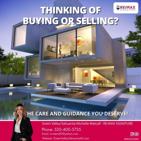 Villa, Person, Woman. Text: RE/MAX THINKING OF SIGNATURE BUYING OR SELLING? HE CARE AND GUIDANCE YOU DESERVE! Phone: 520-400-5735 Website: GreenValleySahuaritaAZ.com BR645330000