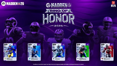 Helmet, Purple, Person. Text: MADDEN 26 MADDEN NFLPA RING OF HONOR 2026 99 25 99 99 99 99 99 - - DONALD JOHNSON -