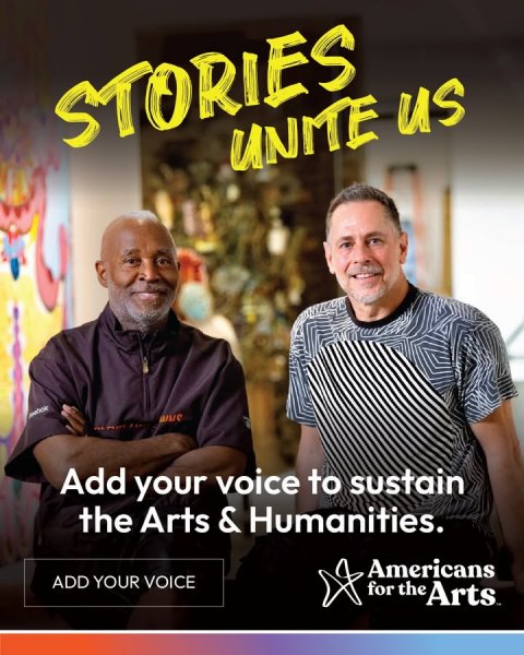 Advertisement, Poster, T-Shirt. Text: STORIES Add your voice to sustain the Arts &amp; Humanities. Americans ADD YOUR VOICE for the Arts