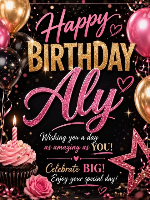 People, Advertisement, Poster. Text: Happy BIRTHDAY Aly day Wishing you a as amazing as YOU! Celebrate BIG! Enjoy your special day!