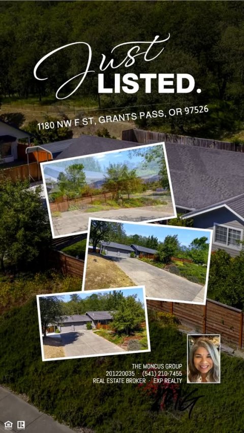 Backyard, Yard, Grass. Text: 1180 NW F ST, GRANTS PASS, OR 97526 THE MONCUS GROUP 201220035 (541) 210-7455 REAL ESTATE BROKER - EXP REALTY R