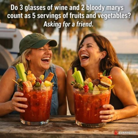 Summer, Head, Face. Text: Do 3 glasses of wine and 2 bloody marys count as 5 servings of fruits and vegetables? Asking for a friend. CAMPERVILLE