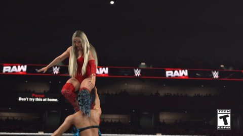 Adult, Person, Woman. Text: RAW W W W RAW Don't try this at home. TEEN T