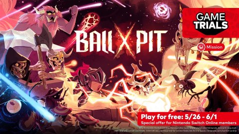 Book, Advertisement, Poster. Text: GAME TRIALS BALL X PIT Mission Play for free: 5/26-6/1 Special offer for Nintendo Switch Online members