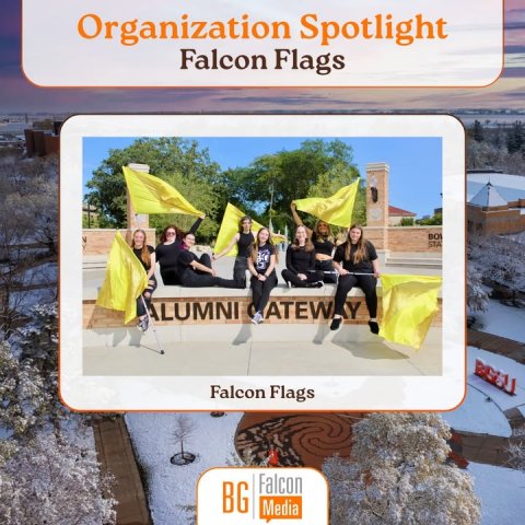 Coat, Person, Lifejacket. Text: Organization Spotlight Falcon Flags STA ALUMNI ATEW Y Falcon Flags Falcon BG Media