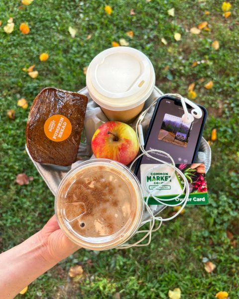 Apple, Cup, Person. Text: BREAD PUMPKIN COMMON MARKET owner Card