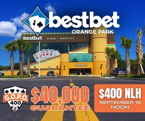 Shopping Mall, Advertisement, Convention Center. Text: bestbet ORANGE PARK bestbet $40,000 $400 NLH G.O.P.O. 400 SEPTEMBER 10 GUARANTEE NOON