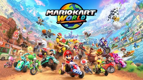 Motorcycle, Vehicle, Person. Text: MARIOKART WORLD