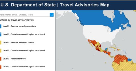 Plot, Map, Atlas. Text: U.S. Department of State I Travel Advisories Map nple France or U.S. Embassy Tokyo untries by travel advisory levels Level 1 - Exercise normal precautions Level 1 Contains areas with higher security risk