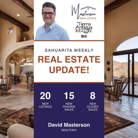 Advertisement, Poster, Person. Text: REAL ESTATE SAHUARITA WEEKLY REAL ESTATE UPDATE! 20 15 8 NEW NEW NEW LISTINGS PENDING CLOSED SALES SALES David Masterson REALTOR®