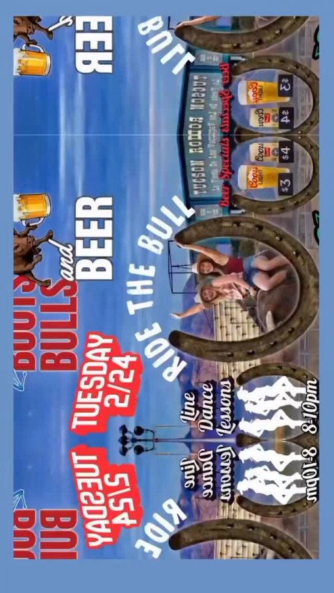 Person, Chair, Urban. Text: BULLSand TUESDAY BEER 2/24 ASIS ЕЕВ RIDE THE BULL Line Dance Lessons Beer Specials 1998 LIGHT $3 $4