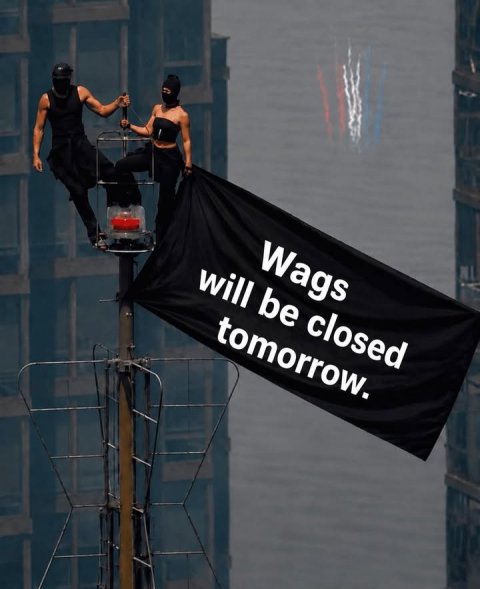 Banner, Man, Person. Text: Wags will be closed tomorrow.