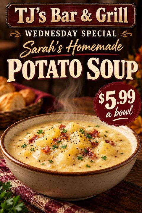 Meal, Dish, Bowl. Text: TJ's Bar &amp; Grill WEDNESDAY SPECIAL Sarah's Homemade POTATO SOUP $5.99 a bowl