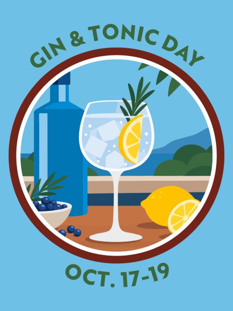 Glass, Advertisement, Summer. Text: GIN &amp; TONIC DAY OCT. 17-19