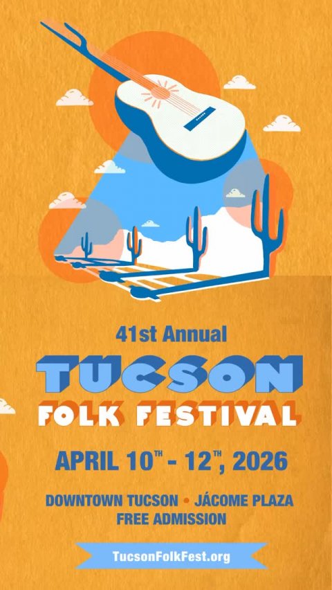 Advertisement, Poster, Guitar. Text: 41st Annual FOLK FESTIVAL DOWNTOWN TUCSON JÁCOME PLAZA FREE ADMISSION TucsonFolkFest.org