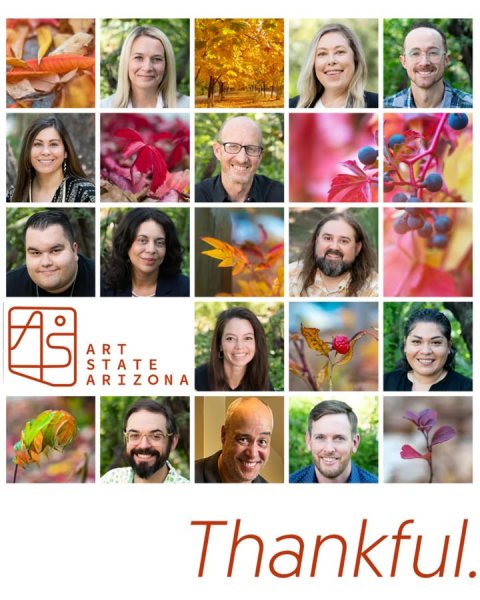 Art, Collage, Person. Text: ART STATE ARIZONA Thankful.
