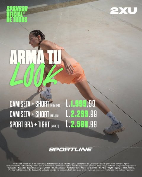 Advertisement, Poster, Person. Text: SPONSOR 2XU DE TODOS ARMA TU LOOK CAMISETA + SHORT L.1.999,99 CAMISETA + SHORT L.2.299,99 SPORT BRA + TIGHT [MUJER] L.2.599,99 SPORTLINE
