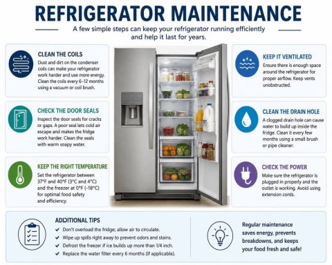 Appliance, Device, Refrigerator. Text: REFRIGERATOR MAINTENANCE A few simple steps can keep your refrigerator running efficiently and help it last for years. CLEAN THE COILS KEEP IT VENTILATED Dust and dirt on the condenser Ensure there is enough space colls can make your refrigerator around the refrigerator for proper airflow Keep vents Clean the colls every 6-12 months CHECK THE DOOR SEALS CLEAN THE DRAIN HOLE Inspect the door seals for cracks A clogged drain hole can cause or gaps. A poor seal lets cold air water to build up inside