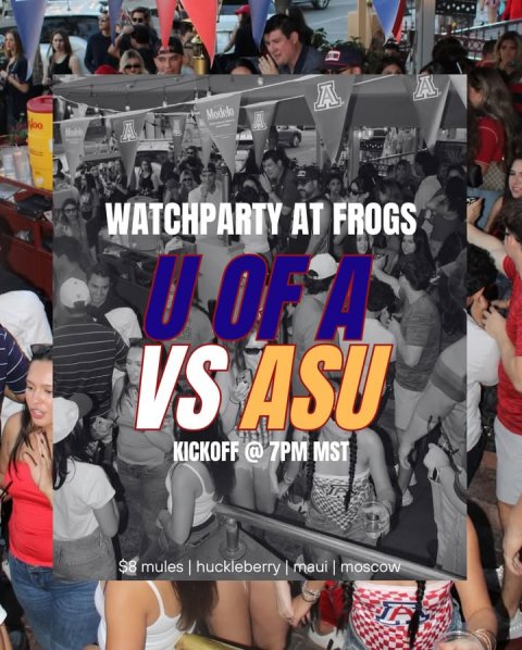 Poster, Person, Woman. Text: A A A WATCHPARTY AT FROGS VS ASU KICKOFF @ 7PM MST $8 mules | huckleberry maui moscow