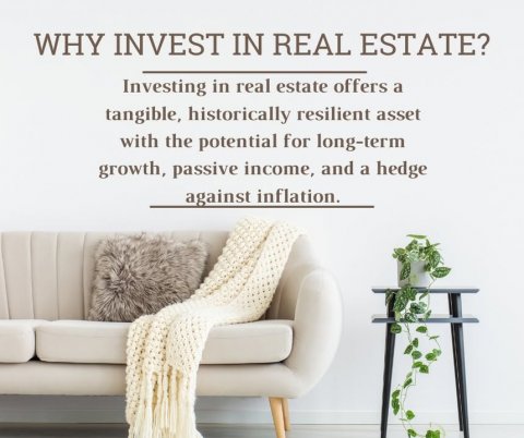 Couch, Home Decor, Plant. Text: WHY INVEST IN REAL ESTATE? Investing in real estate offers a tangible, historically resilient asset with the potential for long-term growth, passive income, and a hedge against inflation.