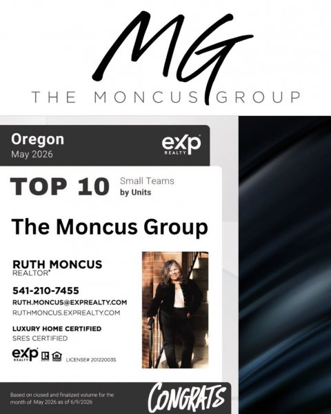 Advertisement, Poster, Person. Text: THE MONCUS MG GROUP Oregon exp REALTY May 2026 TOP 10 Small Teams by Units The Moncus Group RUTH MONCUS 541-210-7455 RUTH.MONCUS@EXPREALTY.COM RUTHMONCUS.EXPREALTY.COM LUXURY HOME CERTIFIED SRES CERTIFIED exp REALTY LICENSE# 201220035 month of May 2026 as of 6/9/2026 CONGRATS