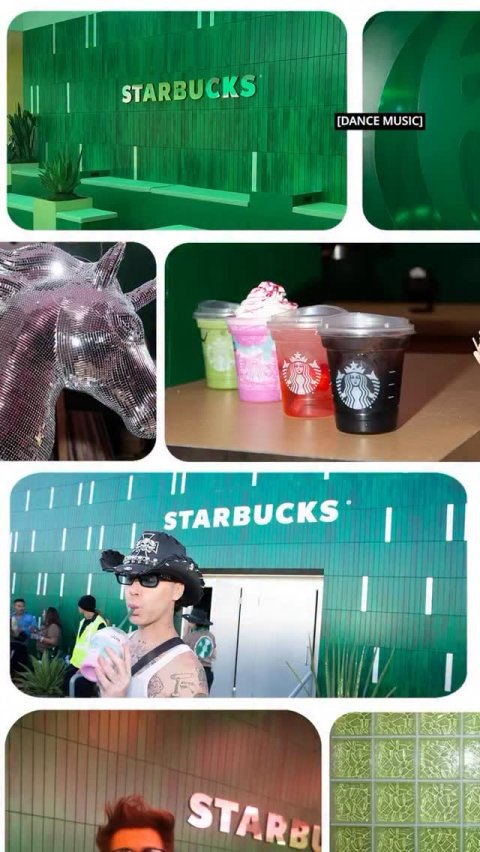 Ice Cream, Baseball Cap, Cup. Text: STARBUCKS [DANCE MUSIC) STARBUCKS