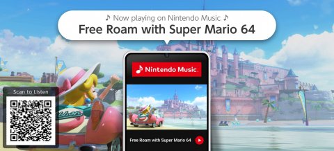 Phone, Mobile Phone, QR Code. Text: Now playing on Nintendo Music Free Roam with Super Mario 64 Nintendo Music Scan to Listen Free Roam with Super Mario M