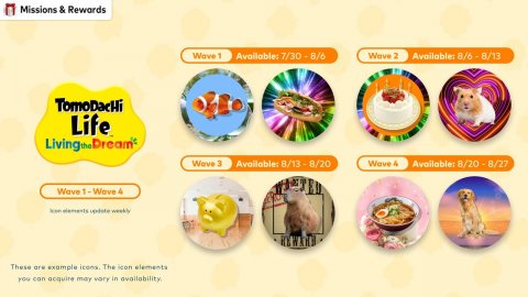 People, Advertisement, Dog. Text: Missions &amp; Rewards Available: 7/30-8/6 Available: 8/6-8/13 TomoDacHi Life Weve 3 Available: 8/20-8/27