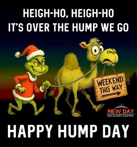 Advertisement, Bird, Poster. Text: HEIGH-HO, HEIGH-HO IT'S OVER THE HUMP WE GO WEEKEND THIS WAY NEW DAY RECOVERY CENTER HAPPY HUMP DAY