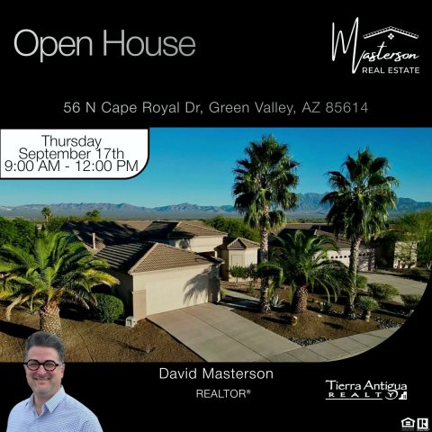 Tree, Villa, Palm Tree. Text: Open House REAL ESTATE 56 N Cape Royal Dr, Green Valley, AZ 85614 Thursday September 17th David Masterson Tierra Antigua = R