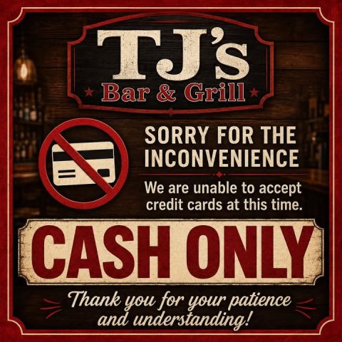 Advertisement, Poster, Sign. Text: TJ's Bar &amp; Grill SORRY FOR THE INCONVENIENCE We are unable to accept credit cards at this time. CASH ONLY Thank you for your patience and understanding!