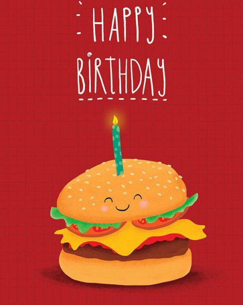 Advertisement, Burger, Candle. Text: HAPPY