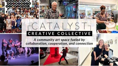 People, Person, Woman. Text: CATALYST CREATIVE COLLECTIVE A community art space fueled by collaboration, cooperation, and connection