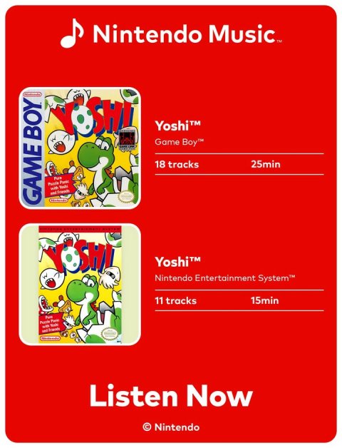 Text, Super Mario, Person. Text: Nintendo Music™ Yoshi™ Game Boy™ 18 tracks 25min GAME BOY Yoshi™ في Nintendo Entertainment System™ 11 tracks 15min Listen Now © Nintendo