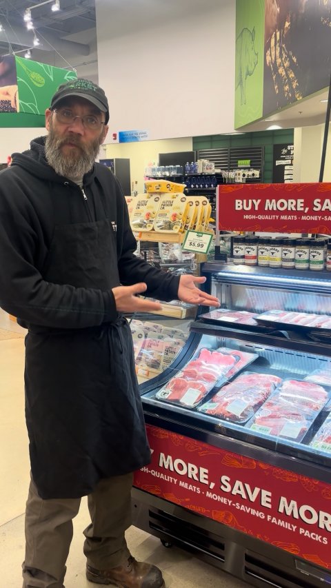 Shop, Glasses, Person. Text: BUY MORE, SA $5.99 H-QUALITY MEATS MONEY-SAVING FAMILY PACKS