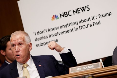 People, Tie, Crowd. Text: NBC NEWS 'I don't know anything about it': Trump denies involvement in DOJ's Fed subpoe