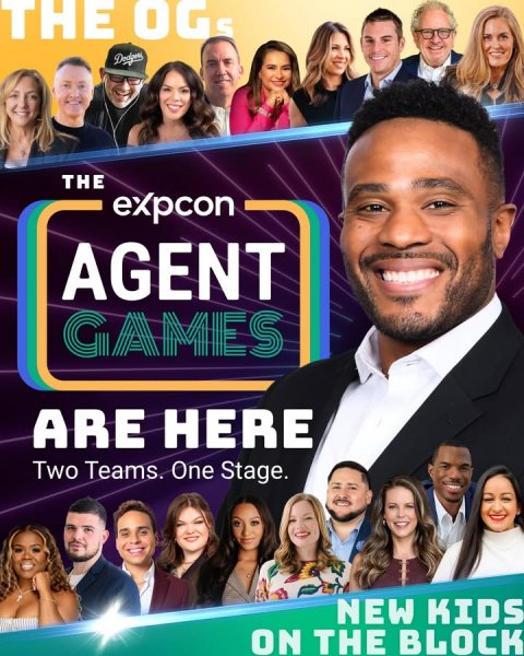 Advertisement, Poster, Person. Text: THE OGs THE expcon AGENT GAMES ARE HERE Two Teams. One Stage. NEW KIDS ON THE BLOCK