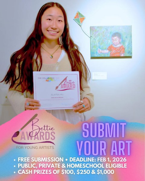 Advertisement, Poster, Painting. Text: Bettie AWARD Bettie SUBMIT AWARDS FOR YOUNG ARTISTS YOUR ART FREE SUBMISSION DEADLINE: FEB 1, 2026 PUBLIC, PRIVATE &amp; HOMESCHOOL ELIGIBLE CASH PRIZES OF $100, $250 &amp; $1,000