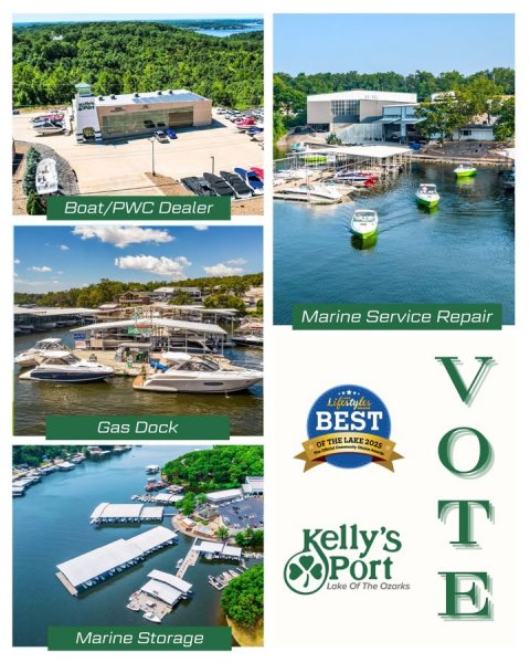 Waterfront, Harbor, Pier. Text: Boat/PWC Dealer Marine Service Repair BEST Gas Dock Kelly's Port VOTE Marine Storage