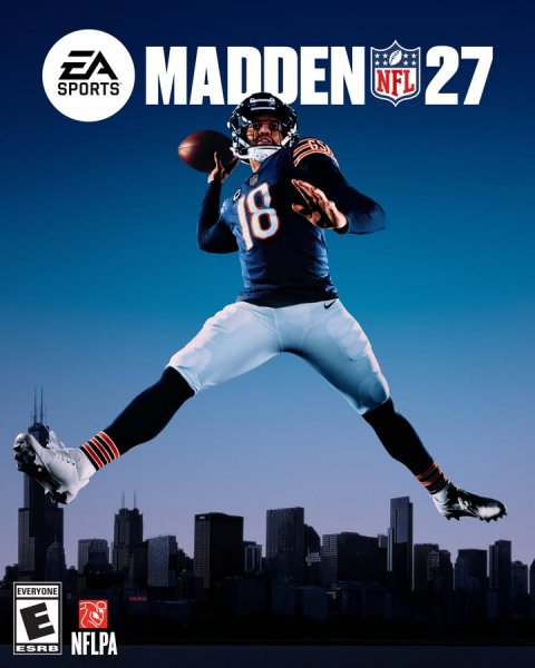 Helmet, People, Playing American Football. Text: EA SPORTS MADDEN NFL 27 18 EVERYONE E NFLPA
