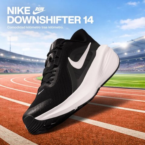 Shoe, Sneaker, Running Shoe. Text: NIKE RUN DOWNSHIFTER 14 Comodidad kilómetro tras kilómetro.