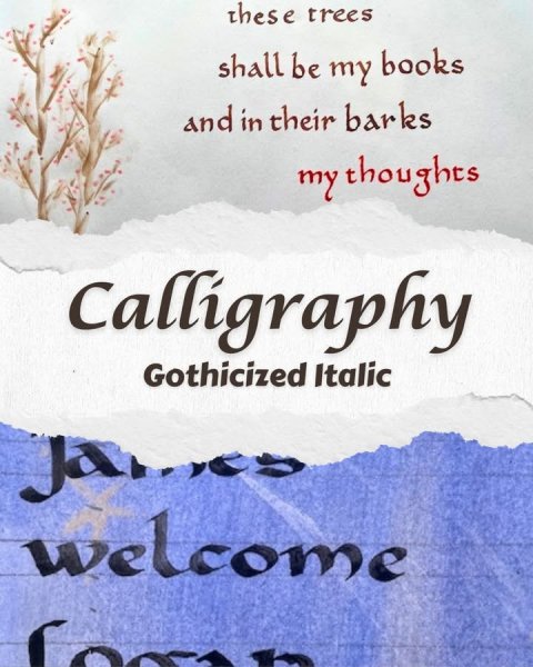 Book, Publication, Novel. Text: these trees shall be my books and in their barks Calligraphy Gothicized Italic James welcome